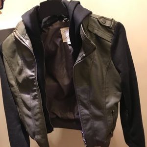Army green faux leather and black hoodie jacket.